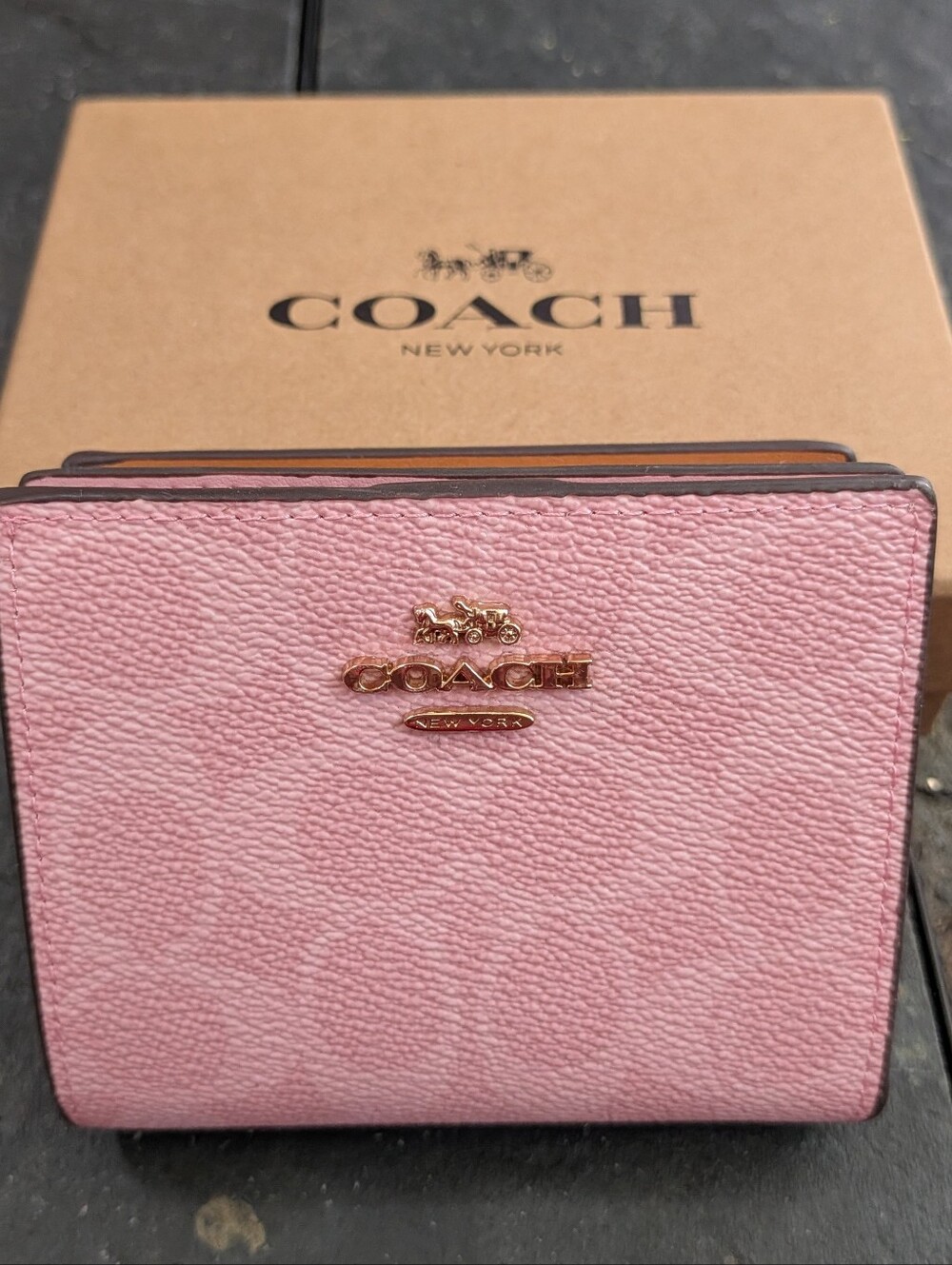 Coach Light Pink Signature Compact Zip Wallet with Charm